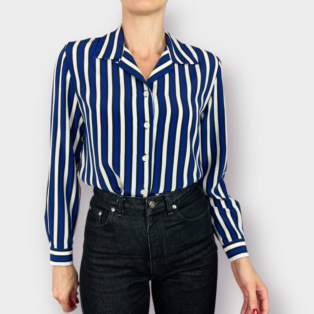 90s Leslie Fay Blue‎ Striped Blouse Size M